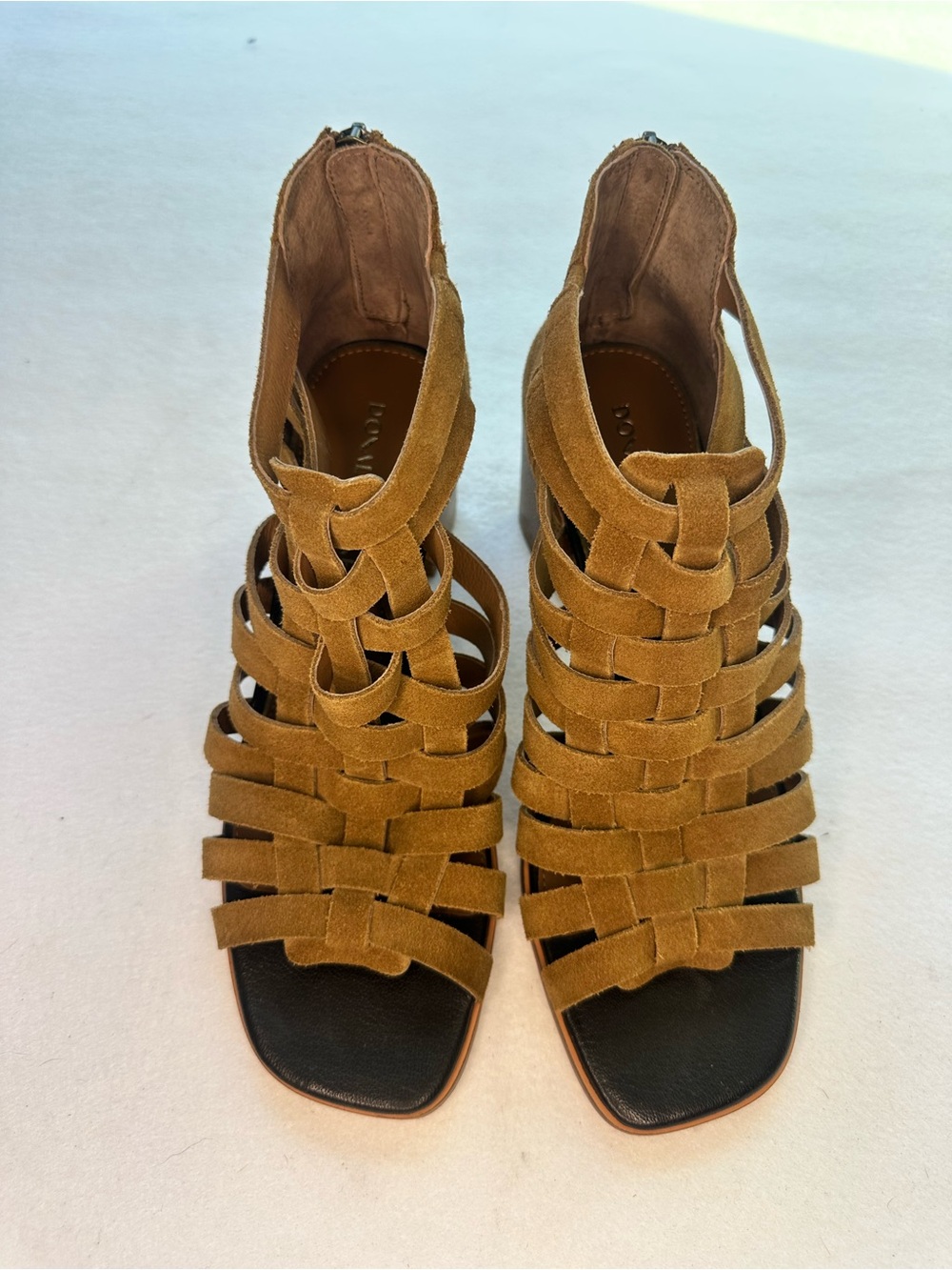 Donald Pliner Tan Suede Strappy Cage Block Heel Sandal Booties